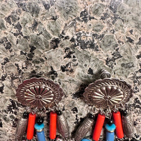 Concho Coral Red and Blue Dangle Earrings - Picture 2 of 2